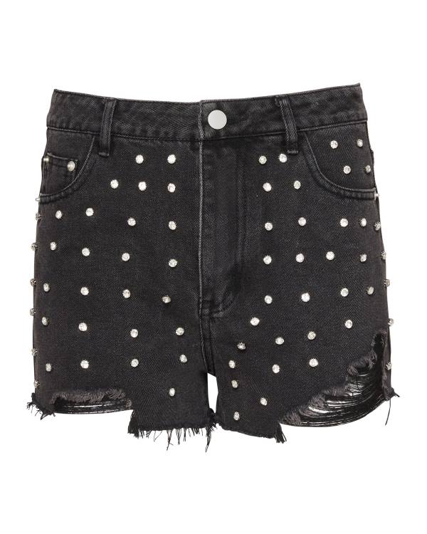 Calções Steve Madden Rhinestone Distressed Denim Feminino Pretas | SM-160BH