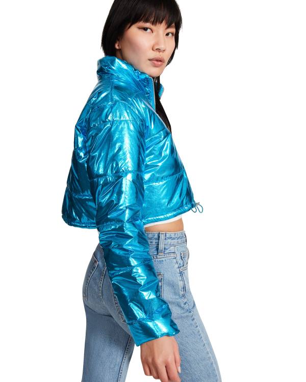 Casaco Steve Madden Cropped Metallic Puffer Feminino Azuis | SM-134IN