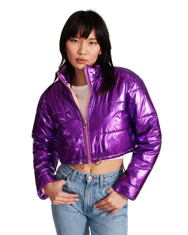 Casaco Steve Madden Cropped Metallic Puffer Feminino Roxo | SM-420IO