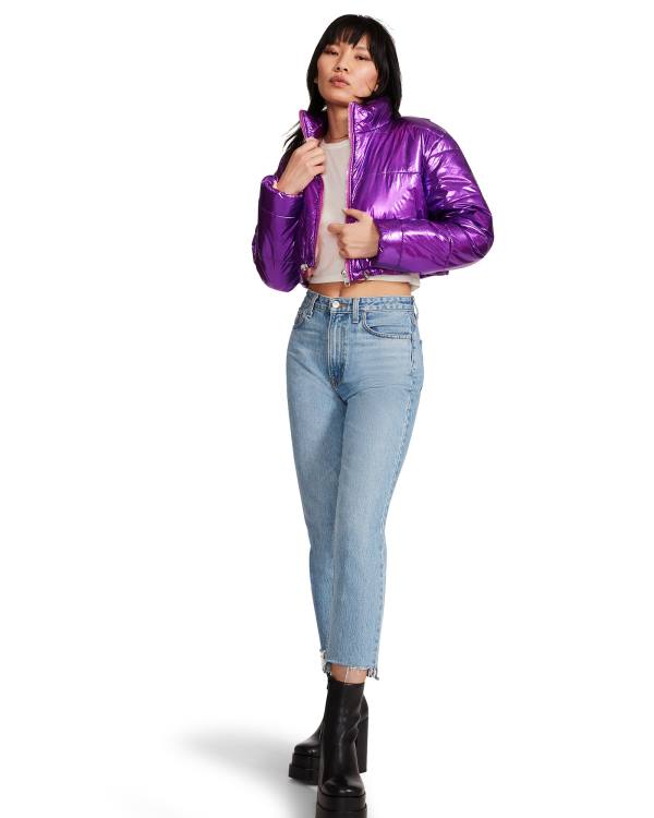 Casaco Steve Madden Cropped Metallic Puffer Feminino Roxo | SM-420IO