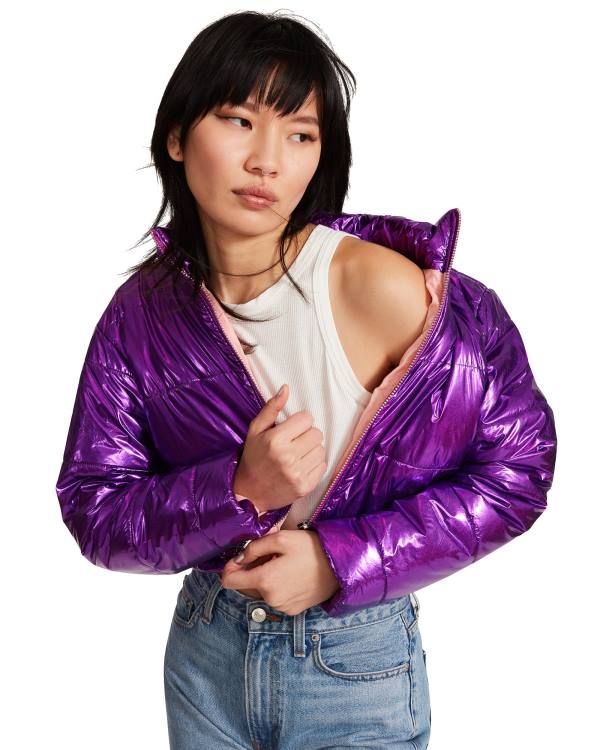 Casaco Steve Madden Cropped Metallic Puffer Feminino Roxo | SM-420IO