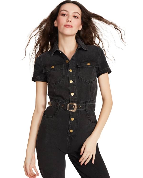 Saias Steve Madden Denim Curta Sleeve Jumpsuit Feminino Pretas | SM-153KZ