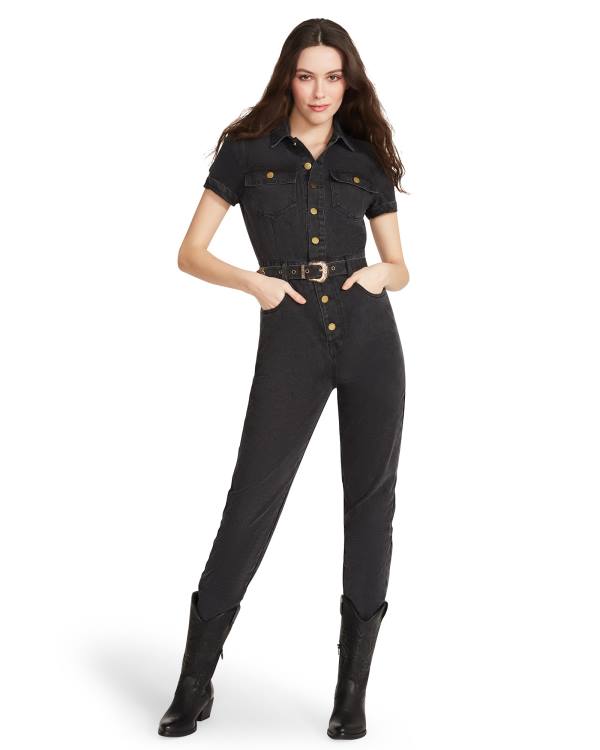 Saias Steve Madden Denim Curta Sleeve Jumpsuit Feminino Pretas | SM-153KZ