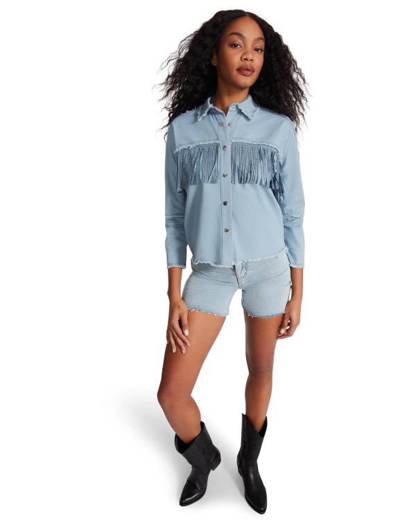 Tops Steve Madden Denim Fringe Button Up Feminino Azuis | SM-543RT