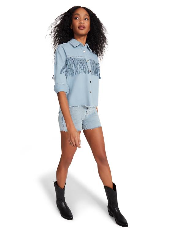 Tops Steve Madden Denim Fringe Button Up Feminino Azuis | SM-543RT