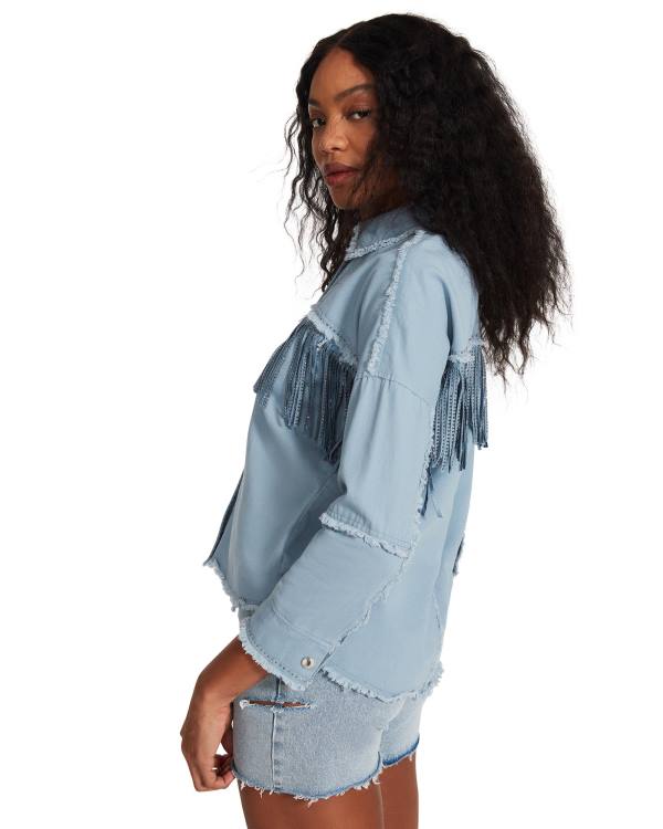 Tops Steve Madden Denim Fringe Button Up Feminino Azuis | SM-543RT