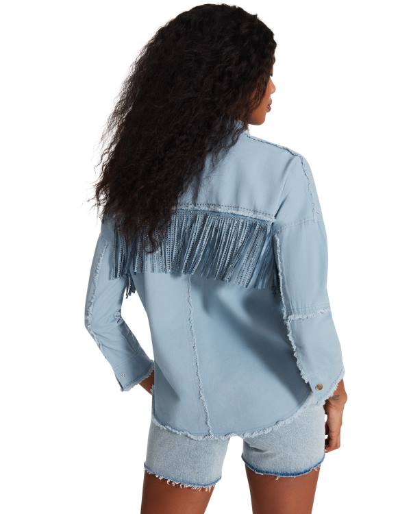 Tops Steve Madden Denim Fringe Button Up Feminino Azuis | SM-543RT