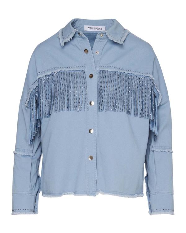 Tops Steve Madden Denim Fringe Button Up Feminino Azuis | SM-543RT