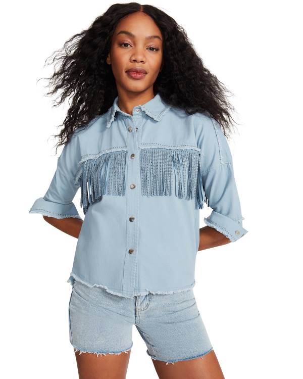 Tops Steve Madden Denim Fringe Button Up Feminino Azuis | SM-543RT