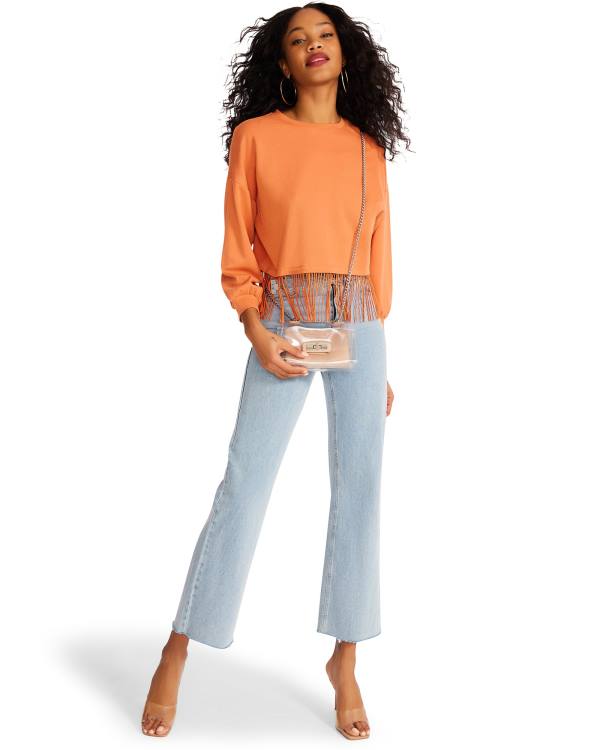 Tops Steve Madden Fringe Crew Neck Feminino Laranja | SM-941CG