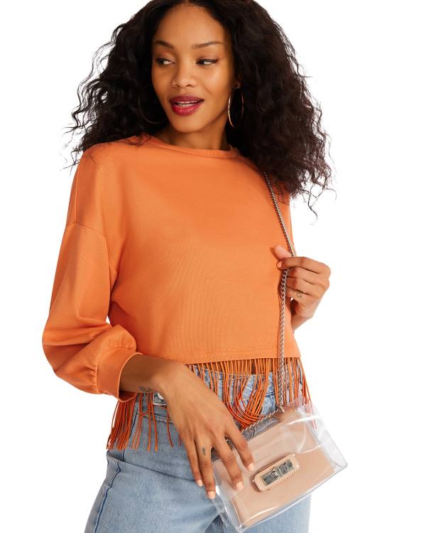 Tops Steve Madden Fringe Crew Neck Feminino Laranja | SM-941CG