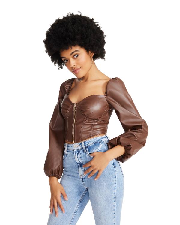 Tops Steve Madden Long Sleeve Faux Couro Corset Feminino Marrom | SM-780IZ