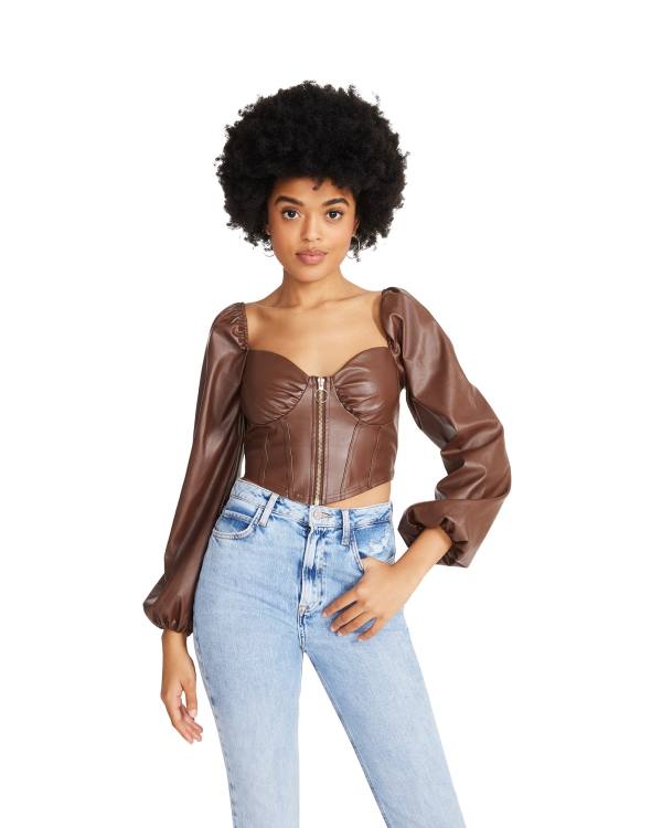 Tops Steve Madden Long Sleeve Faux Couro Corset Feminino Marrom | SM-780IZ