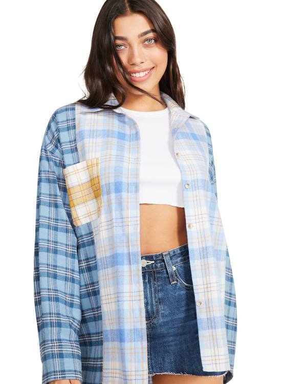 Tops Steve Madden Multi Plaid Feminino Azuis Multicoloridas | SM-650ZY