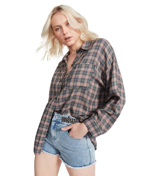 Tops Steve Madden Plaid Flannel Feminino Cinzentas Escuro | SM-801MI