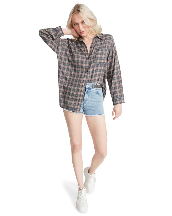 Tops Steve Madden Plaid Flannel Feminino Cinzentas Escuro | SM-801MI