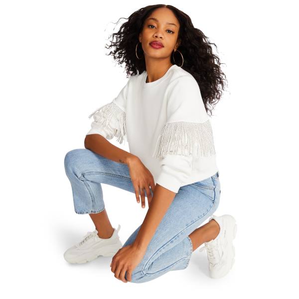 Tops Steve Madden Rhinestone Fringe Crew Neck Feminino Branco | SM-185RJ