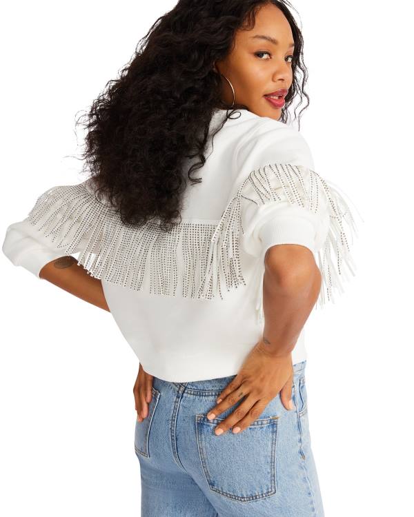 Tops Steve Madden Rhinestone Fringe Crew Neck Feminino Branco | SM-185RJ