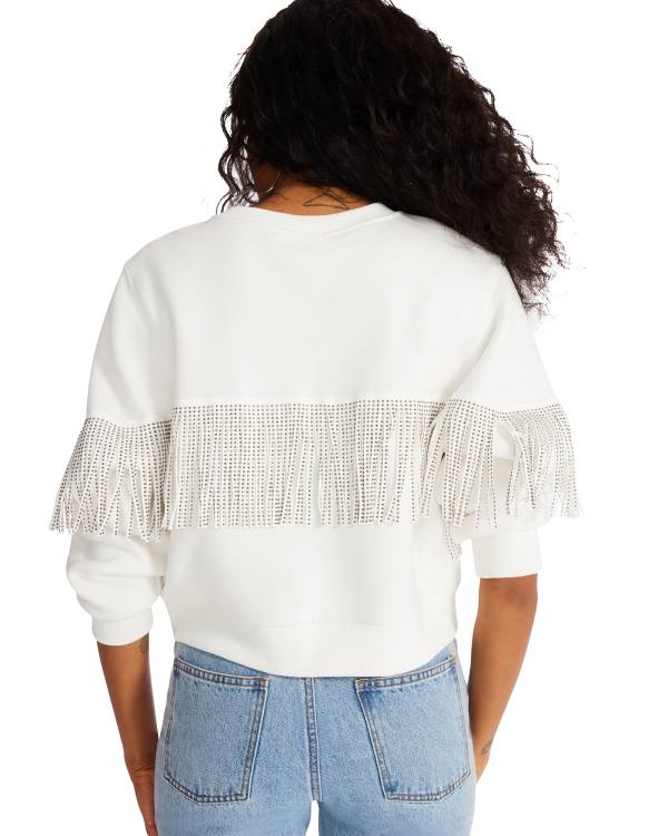 Tops Steve Madden Rhinestone Fringe Crew Neck Feminino Branco | SM-185RJ