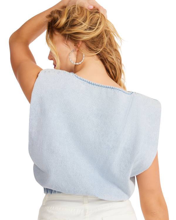 Tops Steve Madden Shoulder Pad Cropped Tank Denim Fabric Feminino Azuis | SM-930TB