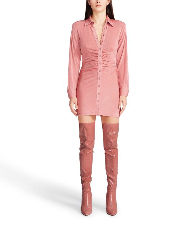 Vestidos Steve Madden Long Sleeve Button Up Feminino Rosa | SM-132TH