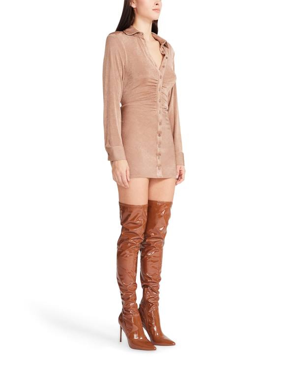 Vestidos Steve Madden Long Sleeve Button Up Camel Fabric Feminino Marrom | SM-582RT