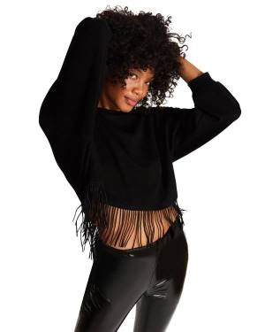 Tops Steve Madden Fringe Crew Neck Feminino Pretas | SM-602SK