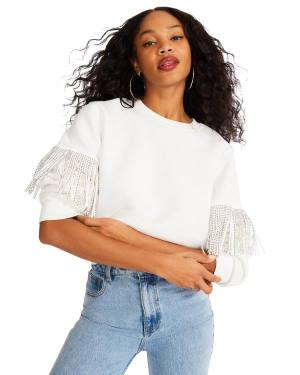 Tops Steve Madden Rhinestone Fringe Crew Neck Feminino Branco | SM-185RJ